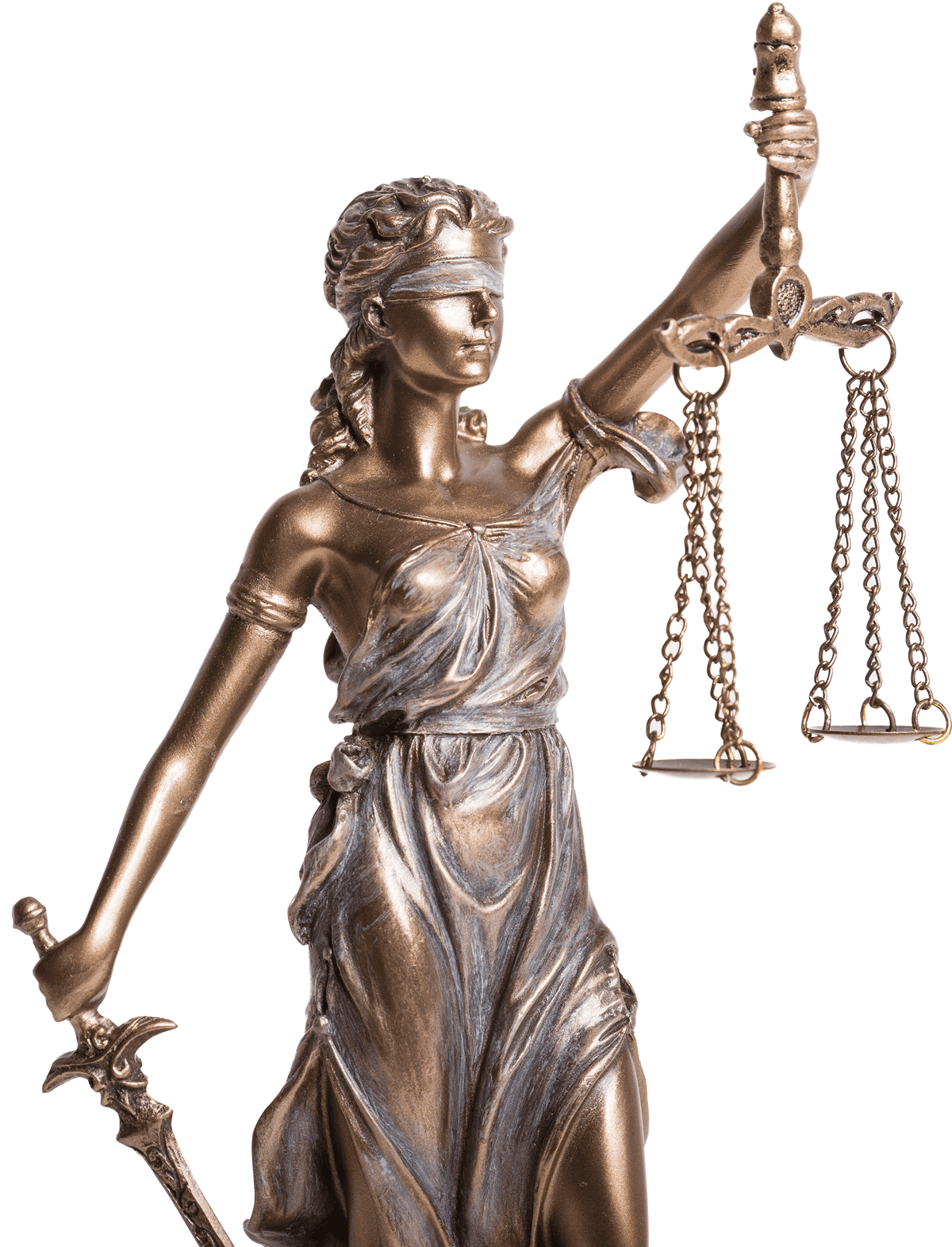 Bronze statue of Lady Justice with scales and sword.