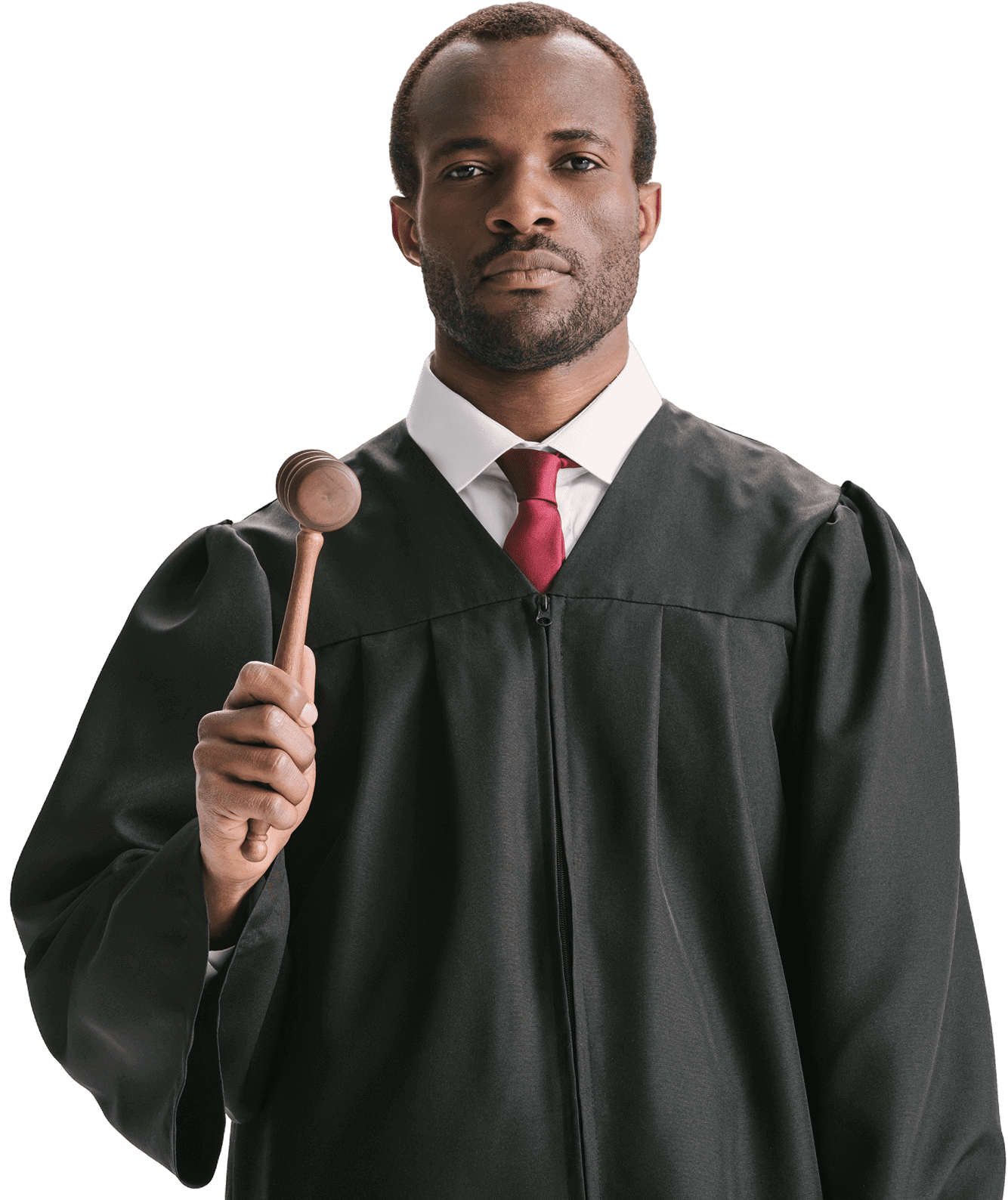 Judge in black robe holding a gavel.