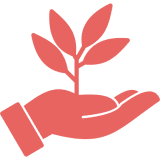 Minimalistic red icon of a hand holding a small plant.