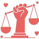 A red icon of a balanced scale symbolizing justice.