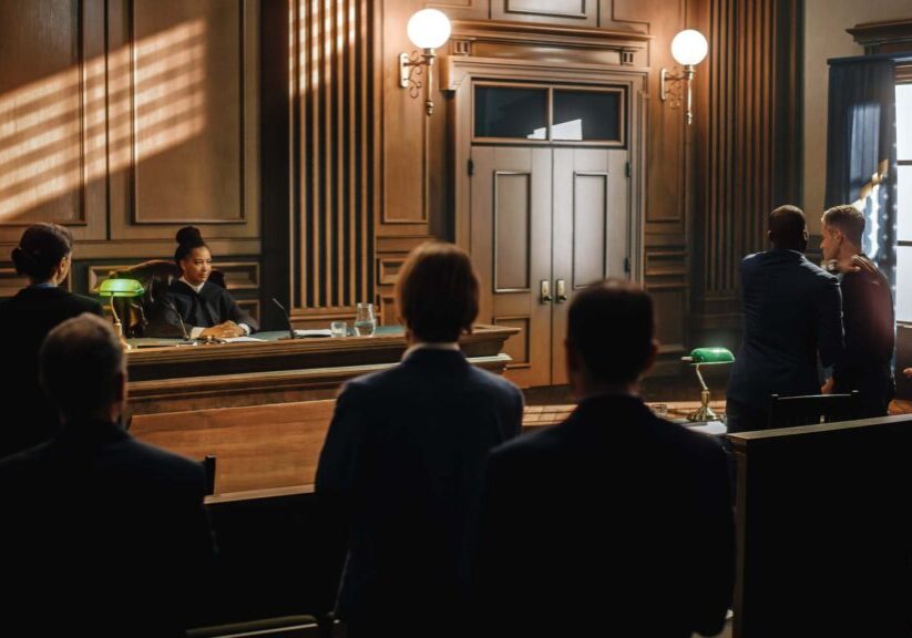 Two men sit in a courtroom speaking to a judge behind the bench.